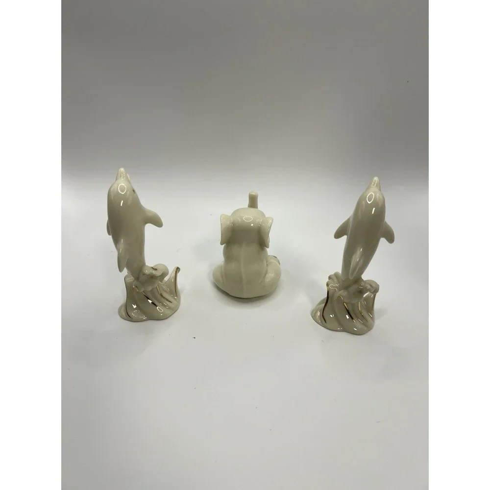 LENOX Porcelain Dolphins & Elephant Figurines 24k Gold Vintage (Lot of 3)